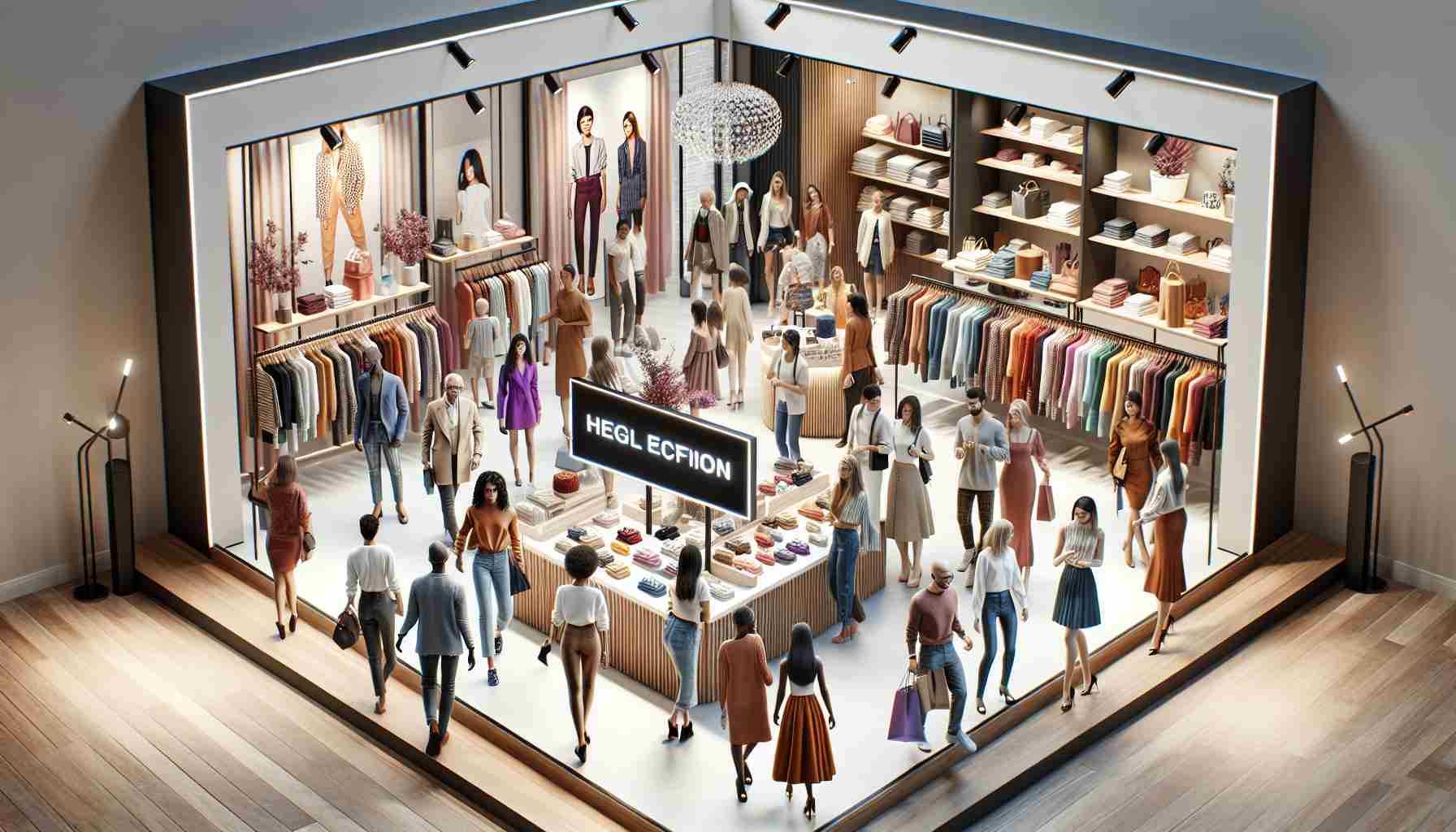 Create a realistic high definition image of a modern and trendy fashion retail store. Make it bustling with diverse shoppers; men and women of various descents including Caucasian, Hispanic, African, Middle-Eastern, South Asian and so on. Include an eye-catching display with a variety of brightly colored clothing items. Add elements like smart fitting rooms, chic decor, helpful staff, and customers trying on clothing. Also, please include a bright sign at the entrance of the store that signifies it as a rising star in the fashion industry.