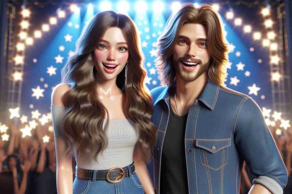 A high-definition, realistic scene depicting a well-known American singer with long hair and casual attire, standing next to a talented, up-and-coming star with a fresh and vibrant look. Both of them look excited and happy as they make a grand announcement about their upcoming musical collaboration. The backdrop is filled with shining stars, symbolizing their shared musical journey.