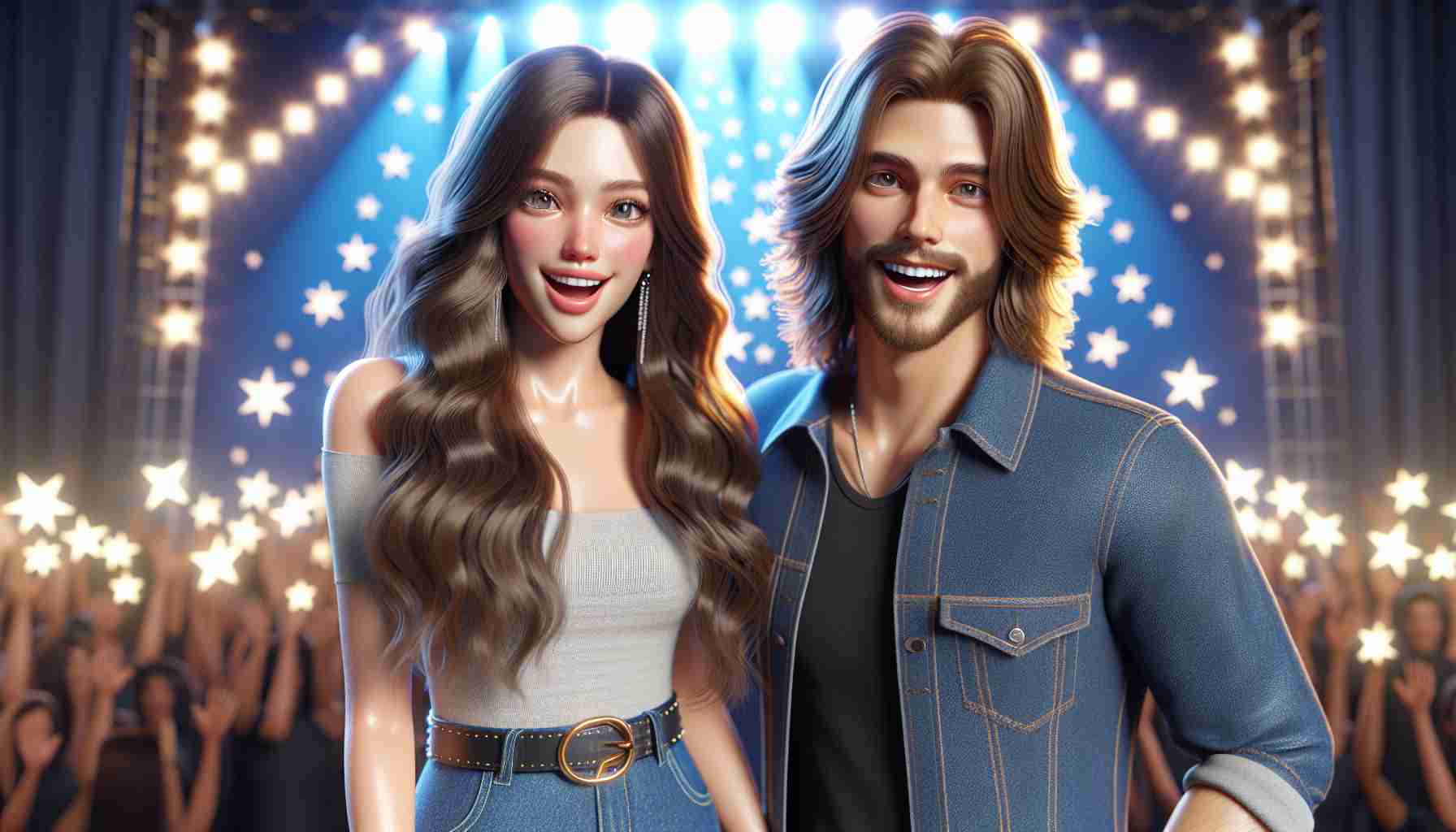 A high-definition, realistic scene depicting a well-known American singer with long hair and casual attire, standing next to a talented, up-and-coming star with a fresh and vibrant look. Both of them look excited and happy as they make a grand announcement about their upcoming musical collaboration. The backdrop is filled with shining stars, symbolizing their shared musical journey.