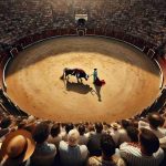 High-definition, realistic image of a bullfighting festival. The viewpoint is unusual, emphasizing a different perspective. From a bird's eye view, the bullring is seen crowded with spectators. A matador stands, facing the bull fearlessly. The matador is a Caucasian woman in the traditional flamboyant outfit. The bull, a powerful creature, rumbles around the arena. Distinct features such as the sandy ground of the arena, the adrenaline in the air, and the mixed feelings of excitement and fear among the spectators should be clearly visible.