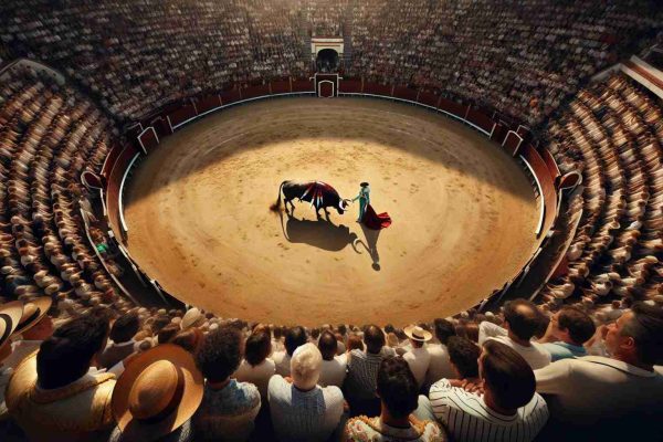 High-definition, realistic image of a bullfighting festival. The viewpoint is unusual, emphasizing a different perspective. From a bird's eye view, the bullring is seen crowded with spectators. A matador stands, facing the bull fearlessly. The matador is a Caucasian woman in the traditional flamboyant outfit. The bull, a powerful creature, rumbles around the arena. Distinct features such as the sandy ground of the arena, the adrenaline in the air, and the mixed feelings of excitement and fear among the spectators should be clearly visible.