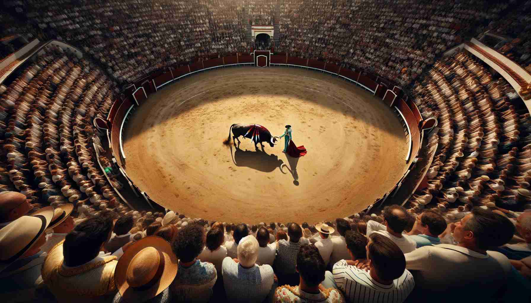 High-definition, realistic image of a bullfighting festival. The viewpoint is unusual, emphasizing a different perspective. From a bird's eye view, the bullring is seen crowded with spectators. A matador stands, facing the bull fearlessly. The matador is a Caucasian woman in the traditional flamboyant outfit. The bull, a powerful creature, rumbles around the arena. Distinct features such as the sandy ground of the arena, the adrenaline in the air, and the mixed feelings of excitement and fear among the spectators should be clearly visible.