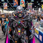 Generate an image of a newly revealed supervillain at a comic book convention. The character is strikingly terrifying, with menacing eyes, a complex futuristic armor filled with deadly gadgets, and a vividly colored cape flowing behind. The backdrop includes excited fans in cosplay costumes, exhibits of comic merchandise, banners, and the bustling ambiance of the busy convention center.