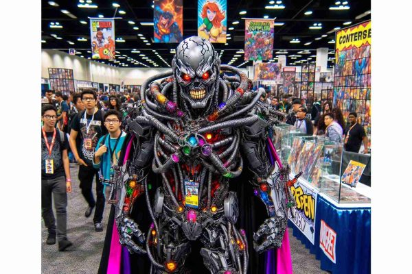 Generate an image of a newly revealed supervillain at a comic book convention. The character is strikingly terrifying, with menacing eyes, a complex futuristic armor filled with deadly gadgets, and a vividly colored cape flowing behind. The backdrop includes excited fans in cosplay costumes, exhibits of comic merchandise, banners, and the bustling ambiance of the busy convention center.