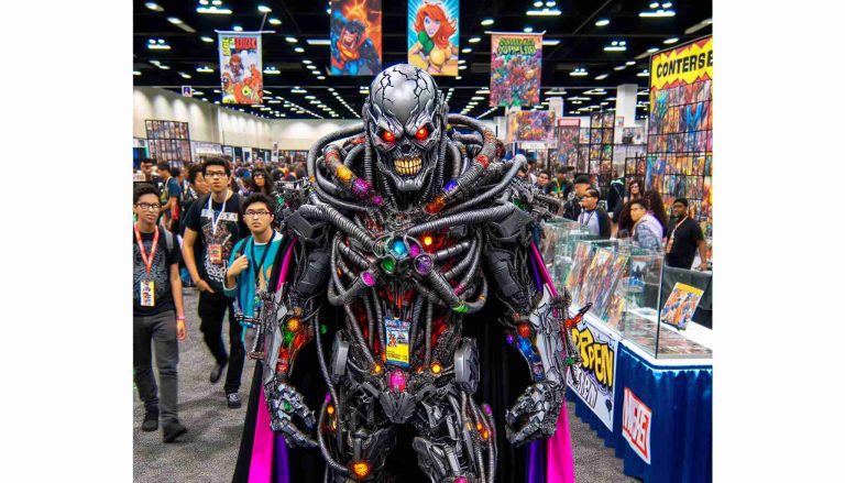 Generate an image of a newly revealed supervillain at a comic book convention. The character is strikingly terrifying, with menacing eyes, a complex futuristic armor filled with deadly gadgets, and a vividly colored cape flowing behind. The backdrop includes excited fans in cosplay costumes, exhibits of comic merchandise, banners, and the bustling ambiance of the busy convention center.