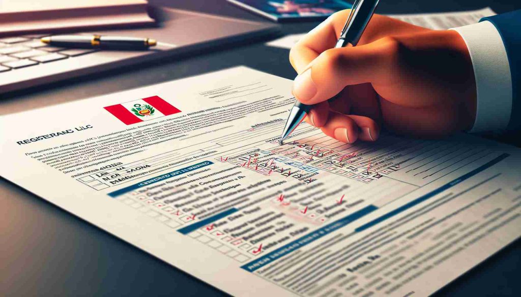 An HD, realistic image that embodies the process of registering an LLC in Peru. Picture a close-up of a document filled with legal jargon and checkboxes, along with someone's hand holding a pen, ready to tick off the necessary items. Include a Peruvian flag on the document or subtly in the background to indicate the country's involvement. In the background, there might also be a faintly visible computer screen showing a government website with information on forming an LLC.