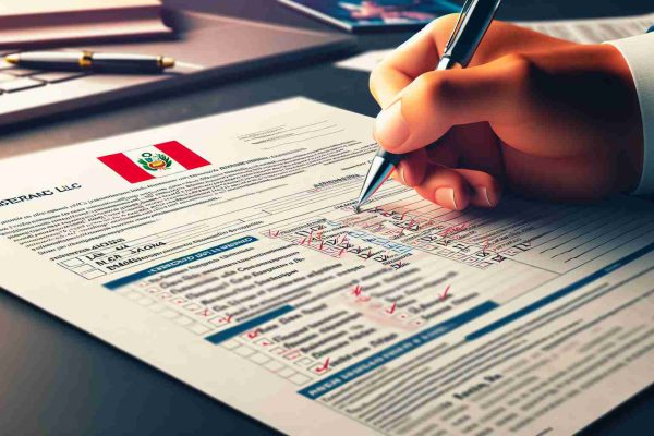 An HD, realistic image that embodies the process of registering an LLC in Peru. Picture a close-up of a document filled with legal jargon and checkboxes, along with someone's hand holding a pen, ready to tick off the necessary items. Include a Peruvian flag on the document or subtly in the background to indicate the country's involvement. In the background, there might also be a faintly visible computer screen showing a government website with information on forming an LLC.