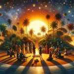 Detail-rich, high-definition depiction of a sun setting behind a lush island with the title 'All Stars Island'. The sky is filled with shimmering stars scattered across. Various exotic treetop outlines dot the skyline of the island. There's a crackling bonfire around which diverse group of people are gathered. Each individual portraying their own unique story; a Caucasian woman laughing heartily, a Black man playing an acoustic guitar, a Middle-Eastern woman sharing a captivating story, and a South Asian man meticulously preparing a barbecue. Their faces are illuminated by the warm glow of the bonfire, while their shadows dance on the sandy shores. A soft breeze rustles through the palm trees creating a serene soundtrack to this memorable evening.