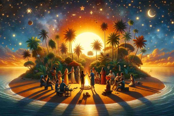 Detail-rich, high-definition depiction of a sun setting behind a lush island with the title 'All Stars Island'. The sky is filled with shimmering stars scattered across. Various exotic treetop outlines dot the skyline of the island. There's a crackling bonfire around which diverse group of people are gathered. Each individual portraying their own unique story; a Caucasian woman laughing heartily, a Black man playing an acoustic guitar, a Middle-Eastern woman sharing a captivating story, and a South Asian man meticulously preparing a barbecue. Their faces are illuminated by the warm glow of the bonfire, while their shadows dance on the sandy shores. A soft breeze rustles through the palm trees creating a serene soundtrack to this memorable evening.