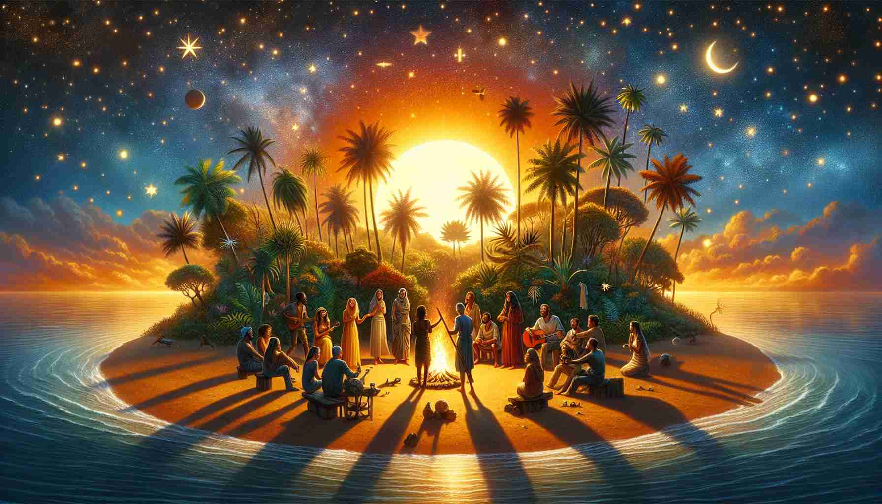 Detail-rich, high-definition depiction of a sun setting behind a lush island with the title 'All Stars Island'. The sky is filled with shimmering stars scattered across. Various exotic treetop outlines dot the skyline of the island. There's a crackling bonfire around which diverse group of people are gathered. Each individual portraying their own unique story; a Caucasian woman laughing heartily, a Black man playing an acoustic guitar, a Middle-Eastern woman sharing a captivating story, and a South Asian man meticulously preparing a barbecue. Their faces are illuminated by the warm glow of the bonfire, while their shadows dance on the sandy shores. A soft breeze rustles through the palm trees creating a serene soundtrack to this memorable evening.