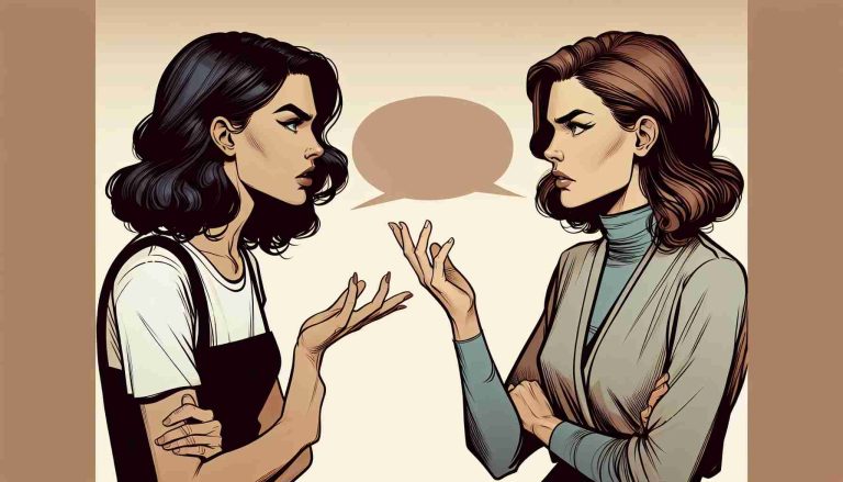 Illustrate a heated conversation between two non-specific women: one with dark hair and a confident posture positioned on the left, the other is with lighter hair and intense gaze, on the right. Make this scene as realistic as possible and of high-definition quality.