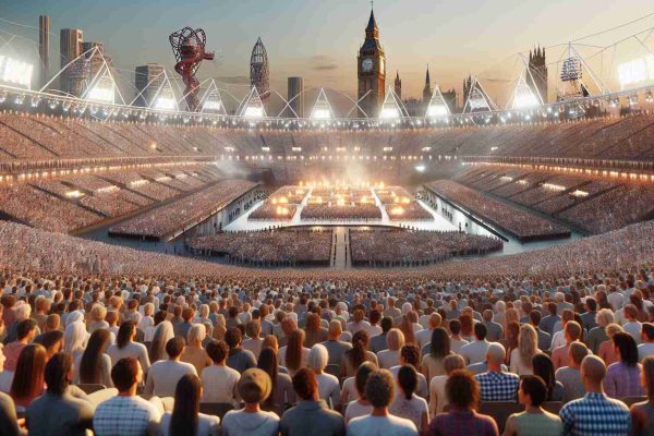 A high-definition, realistic photo of an extraordinary crowd gathered for the opening ceremony of a major international sporting event in 2024, located in a city renowned for its iconic landmarks, such as an iron lattice tower and a gothic cathedral. The audience is a mix of people of all ages, genders and descents, including Caucasian, Hispanic, Black, Middle-Eastern, and South Asian, reflecting the global attraction of the event. The venue is bathed in bright lights and the atmosphere is brimming with excitement.