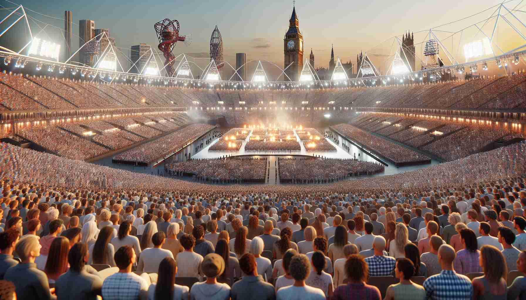 A high-definition, realistic photo of an extraordinary crowd gathered for the opening ceremony of a major international sporting event in 2024, located in a city renowned for its iconic landmarks, such as an iron lattice tower and a gothic cathedral. The audience is a mix of people of all ages, genders and descents, including Caucasian, Hispanic, Black, Middle-Eastern, and South Asian, reflecting the global attraction of the event. The venue is bathed in bright lights and the atmosphere is brimming with excitement.