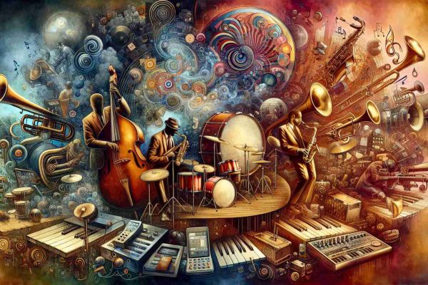 Generate a high-definition image that metaphorically depicts the evolution of harmony in Contemporary Jazz. The image could start with a representation of the foundational elements from early Jazz history--perhaps a smoky jazz club with traditional instruments like trumpets, saxophones, and a double bass. The middle part of the image can transition into cool and modern jazz characteristics, incorporating new instruments like synthesisers, electric guitars and digital mixers. As we reach the contemporary side of the image, portray not only the new forms and aesthetics of Jazz but also its cultural resonance. Features like streaming platforms, symbolic representations of global influences, and inclusion can be added.