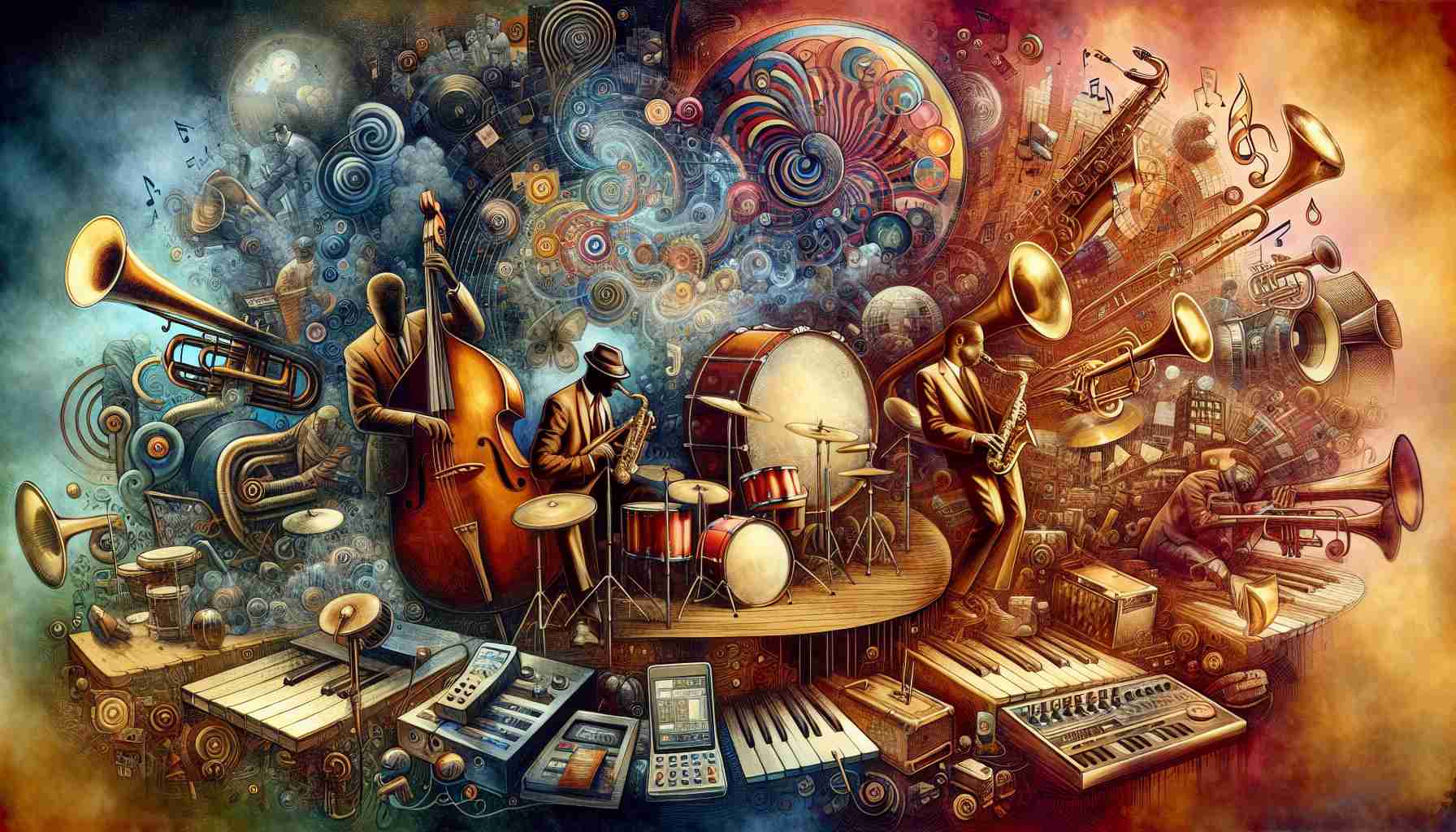 Generate a high-definition image that metaphorically depicts the evolution of harmony in Contemporary Jazz. The image could start with a representation of the foundational elements from early Jazz history--perhaps a smoky jazz club with traditional instruments like trumpets, saxophones, and a double bass. The middle part of the image can transition into cool and modern jazz characteristics, incorporating new instruments like synthesisers, electric guitars and digital mixers. As we reach the contemporary side of the image, portray not only the new forms and aesthetics of Jazz but also its cultural resonance. Features like streaming platforms, symbolic representations of global influences, and inclusion can be added.