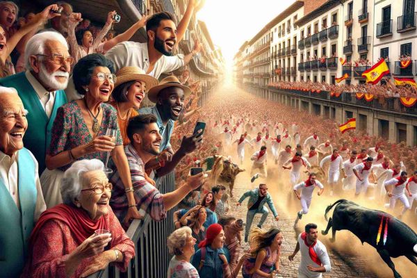 Create a hyper-realistic, High-Definition image representing the intense excitement and vibrant crowds of the San Fermín festival, set in the year 2024. Highlight the traditional Spanish attire, the running of the bulls, the bustling narrow streets of Pamplona, and the element of thrill that permeates the air. Further, show a diverse cast of spectators: an elderly Caucasian pair enjoying from a balcony, a young Hispanic couple amidst the crowd, a Black family watching anxiously, a Middle-Eastern group cheerfully enjoying the spectacle and a South Asian backpacker capturing the moment on their camera.