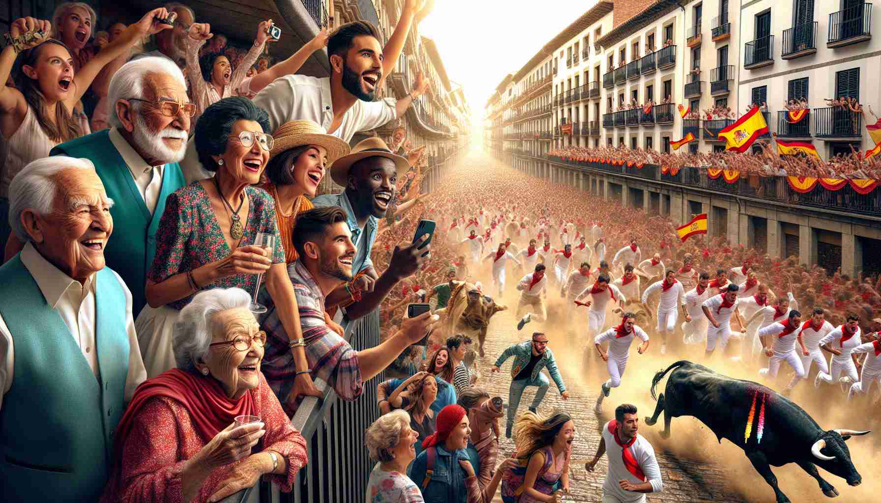 Create a hyper-realistic, High-Definition image representing the intense excitement and vibrant crowds of the San Fermín festival, set in the year 2024. Highlight the traditional Spanish attire, the running of the bulls, the bustling narrow streets of Pamplona, and the element of thrill that permeates the air. Further, show a diverse cast of spectators: an elderly Caucasian pair enjoying from a balcony, a young Hispanic couple amidst the crowd, a Black family watching anxiously, a Middle-Eastern group cheerfully enjoying the spectacle and a South Asian backpacker capturing the moment on their camera.