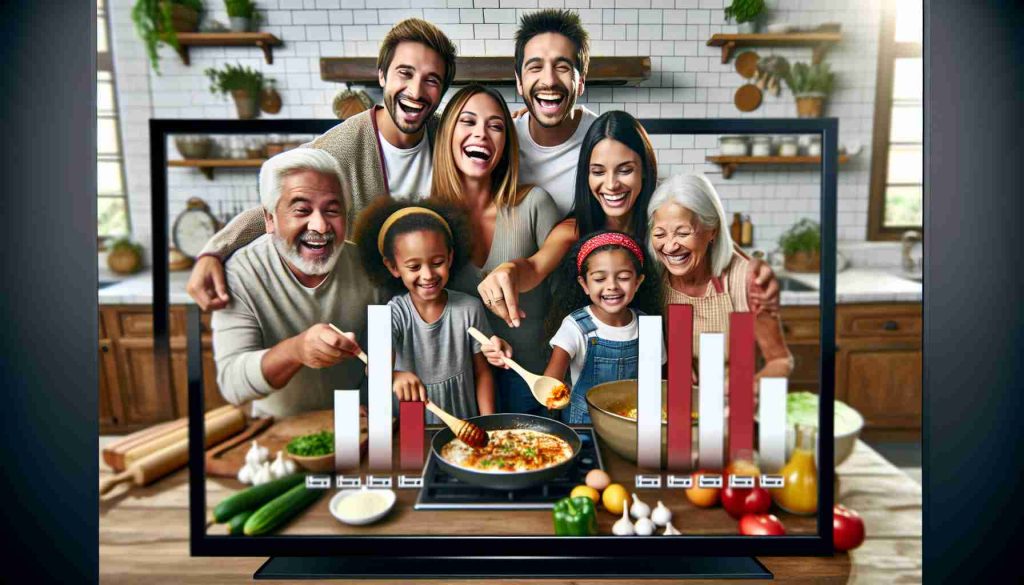 A high-definition image showing a family joyfully cooking together in a home kitchen setting, with a television screen nearby. The screen should show a ratings bar that indicates their show is dominating television views. The family should look excited and pleased. Include diverse ages, from children to seniors, with the adults engaging in the cooking process. Each member of the family should have a different ancestry: one should be Hispanic, another should be Caucasian, another Black, another Middle-Eastern, and another South Asian. The gender distribution should be balanced.