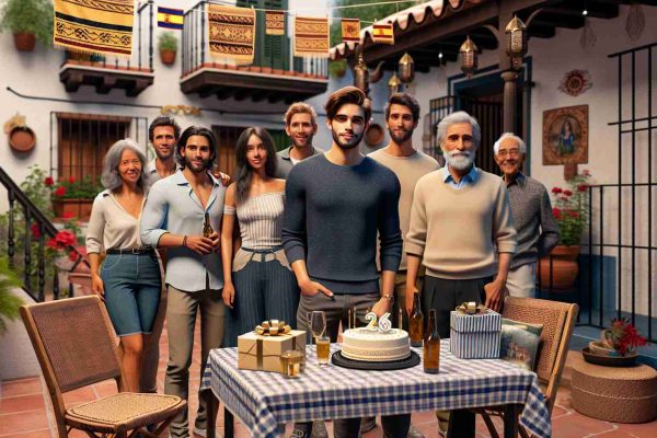 Realistic HD image of an average young man, celebrating his 26th birthday with his friends and family in Spain. The scene takes place in a typical Spanish outdoor setting, likely a patio adorned with traditional Spanish decor. The young man is of Caucasian descent, dressed casually. There are presents on a table nearby and a birthday cake with 26 candles. Loved ones in the scene include middle-aged men and women, a few teenagers and elderly individuals. Multiple ethnicities are represented including Caucasian, Hispanic, and Black individuals, all dressed in casual, stylish outfits.