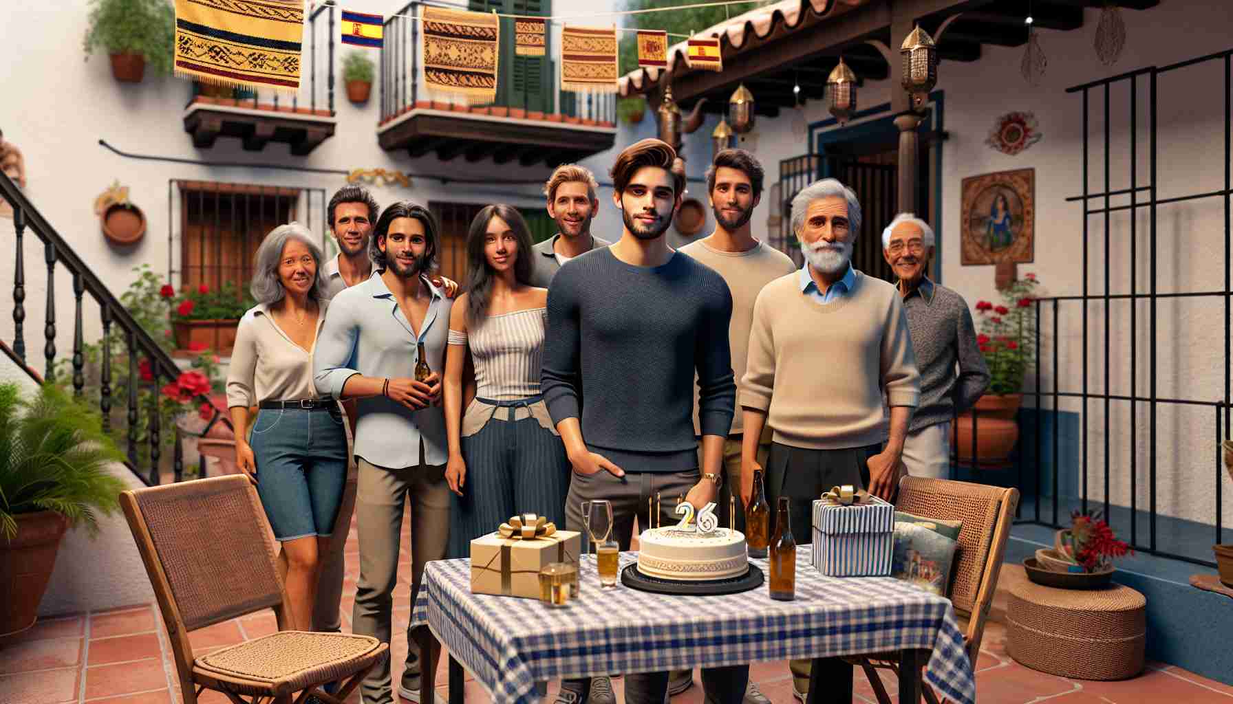 Realistic HD image of an average young man, celebrating his 26th birthday with his friends and family in Spain. The scene takes place in a typical Spanish outdoor setting, likely a patio adorned with traditional Spanish decor. The young man is of Caucasian descent, dressed casually. There are presents on a table nearby and a birthday cake with 26 candles. Loved ones in the scene include middle-aged men and women, a few teenagers and elderly individuals. Multiple ethnicities are represented including Caucasian, Hispanic, and Black individuals, all dressed in casual, stylish outfits.