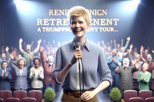 Realistic high-definition image of a successful female comedian with short blonde hair and energetic personality announcing her retirement after a triumphant comedy tour. She is standing on stage with a mic, there's a large and happy audience in front of her. Note: her physical appearance and attire resemble those of an average successful comedian, not any specific individuals.