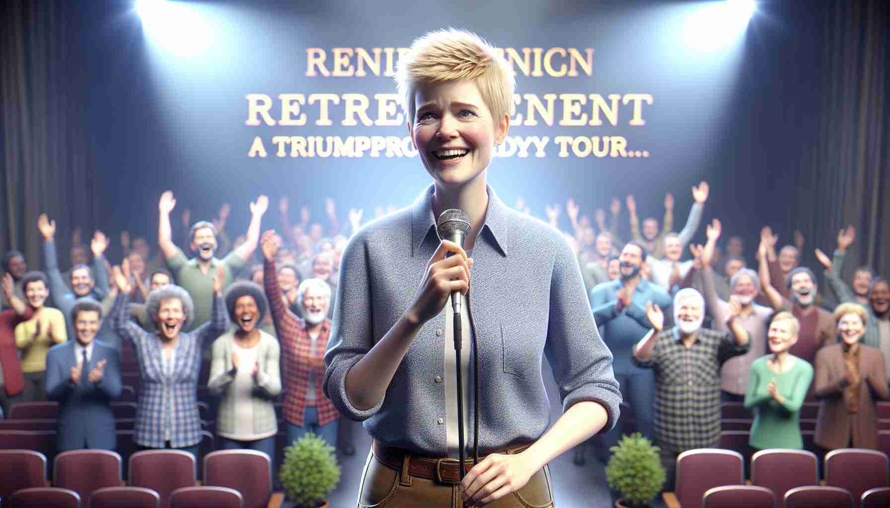 Realistic high-definition image of a successful female comedian with short blonde hair and energetic personality announcing her retirement after a triumphant comedy tour. She is standing on stage with a mic, there's a large and happy audience in front of her. Note: her physical appearance and attire resemble those of an average successful comedian, not any specific individuals.