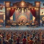 Create a high definition, realistic image of an atmospheric music festival scene. The festival is in full swing, with a stage lavishly decorated with vintage elements, capturing the theme 'Revival of Nostalgia Through Music'. Around the stage, jubilant attendees of all genders and descents are enjoying the music, some are dancing, some are cheering. Next to the stage, you can see a variety of retro-style music instruments. The sky is dusk, adding to the feel of nostalgia with its warm hues. The overall mood is joyful and nostalgic.