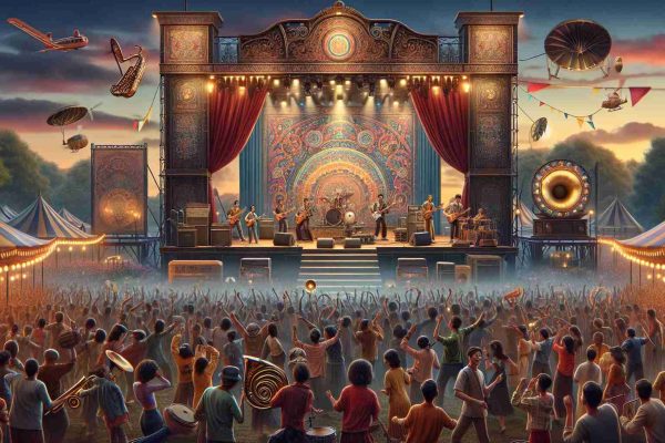 Create a high definition, realistic image of an atmospheric music festival scene. The festival is in full swing, with a stage lavishly decorated with vintage elements, capturing the theme 'Revival of Nostalgia Through Music'. Around the stage, jubilant attendees of all genders and descents are enjoying the music, some are dancing, some are cheering. Next to the stage, you can see a variety of retro-style music instruments. The sky is dusk, adding to the feel of nostalgia with its warm hues. The overall mood is joyful and nostalgic.