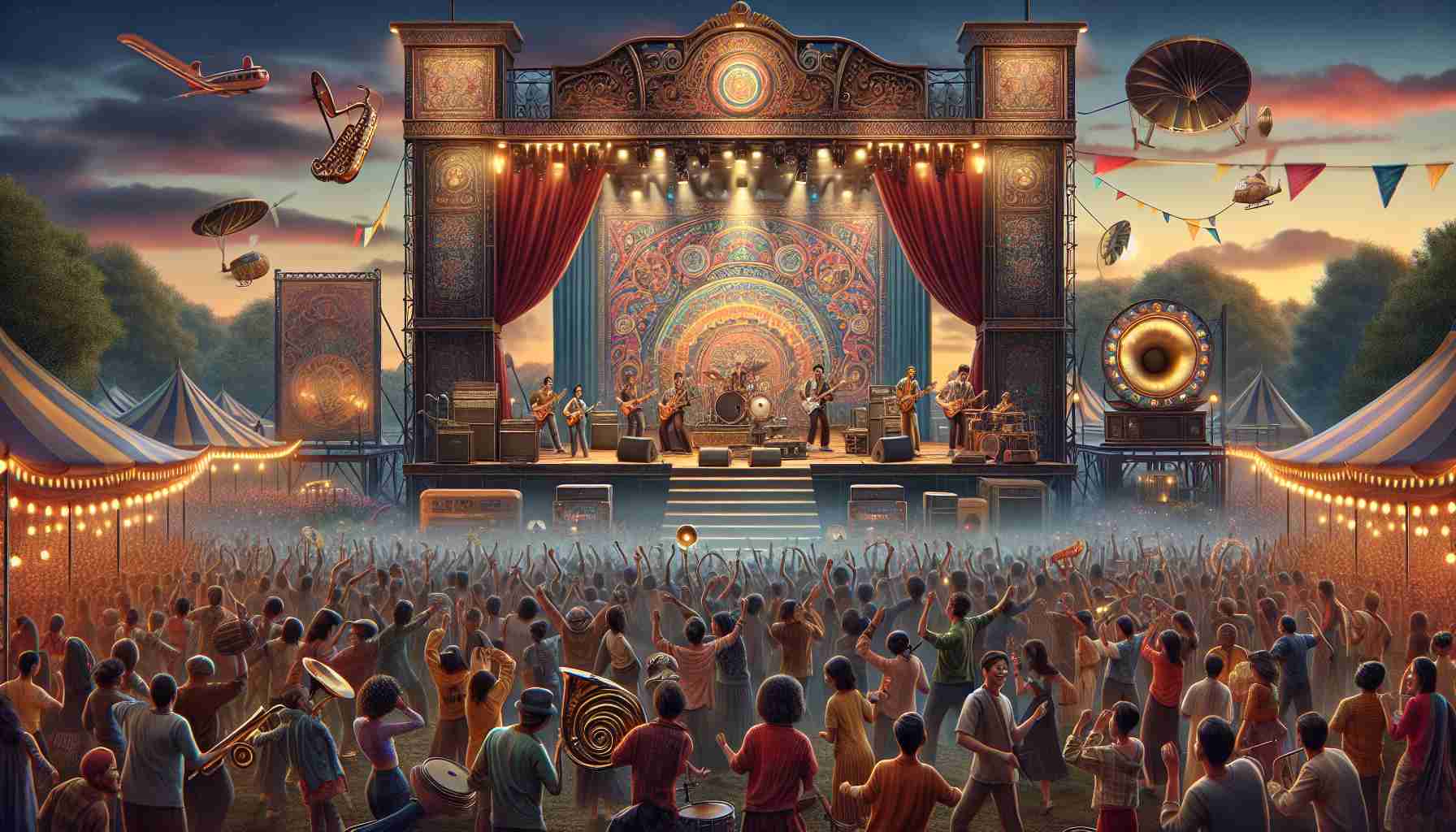 Create a high definition, realistic image of an atmospheric music festival scene. The festival is in full swing, with a stage lavishly decorated with vintage elements, capturing the theme 'Revival of Nostalgia Through Music'. Around the stage, jubilant attendees of all genders and descents are enjoying the music, some are dancing, some are cheering. Next to the stage, you can see a variety of retro-style music instruments. The sky is dusk, adding to the feel of nostalgia with its warm hues. The overall mood is joyful and nostalgic.