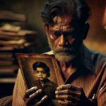 Create an image high in definition and detail that captures the rawness of 'Emotional Revelations from a Survivor: A Father’s Love'. The scene unfolds with a South Asian man, presumably in his 50s, with lines of age and resilience etched onto his face, cradling an old, faded photograph of his child. His gaze is a mix of melancholia, love, and pride. As his eyes glimmer with unshed tears, his anxious fingers trace over the photograph. The setting exudes warmth and nostalgia, narrated by the dimmed ambient lighting and the worn-out furnishings around him.