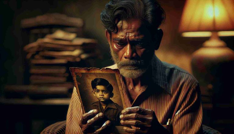 Create an image high in definition and detail that captures the rawness of 'Emotional Revelations from a Survivor: A Father’s Love'. The scene unfolds with a South Asian man, presumably in his 50s, with lines of age and resilience etched onto his face, cradling an old, faded photograph of his child. His gaze is a mix of melancholia, love, and pride. As his eyes glimmer with unshed tears, his anxious fingers trace over the photograph. The setting exudes warmth and nostalgia, narrated by the dimmed ambient lighting and the worn-out furnishings around him.