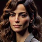 High-definition realistic image of a woman resembling a well-known actress. She has a Mediterranean complexion and brunette wavy hair, her features express serenity despite the storm of speculations regarding her private life. She is seen in a sophisticated outfit, exuding an aura of elegance and calmness.