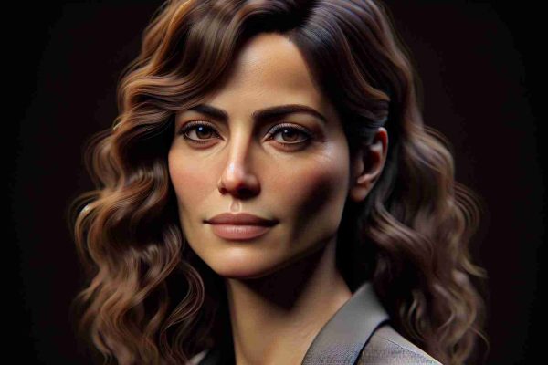 High-definition realistic image of a woman resembling a well-known actress. She has a Mediterranean complexion and brunette wavy hair, her features express serenity despite the storm of speculations regarding her private life. She is seen in a sophisticated outfit, exuding an aura of elegance and calmness.