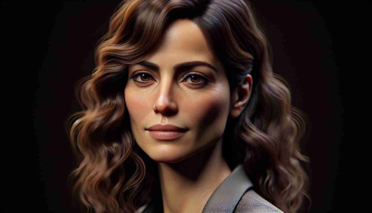 High-definition realistic image of a woman resembling a well-known actress. She has a Mediterranean complexion and brunette wavy hair, her features express serenity despite the storm of speculations regarding her private life. She is seen in a sophisticated outfit, exuding an aura of elegance and calmness.