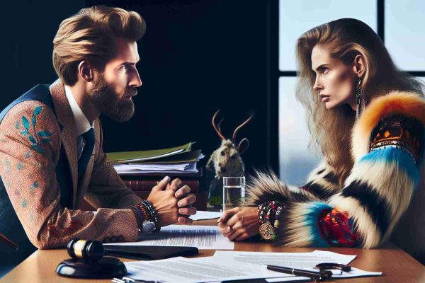 A high resolution, realistic image showcasing a financial dispute between two individuals, with one being a passionate wildlife activist and the other an exotic model. The tension between them can be perceived in their facial expressions and body language. The setting is a formal office with legal documents scattered on the table in front of them. To add to realism, incorporate modern fashion clothing, bright lighting and other small details like a glass of water, a pen in someone's hand, etc.