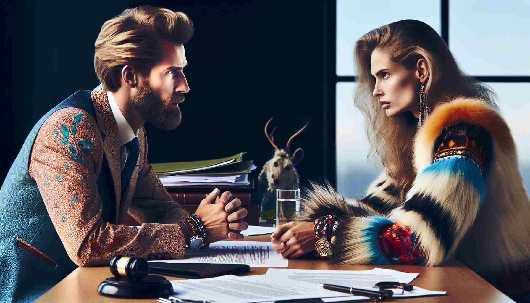 A high resolution, realistic image showcasing a financial dispute between two individuals, with one being a passionate wildlife activist and the other an exotic model. The tension between them can be perceived in their facial expressions and body language. The setting is a formal office with legal documents scattered on the table in front of them. To add to realism, incorporate modern fashion clothing, bright lighting and other small details like a glass of water, a pen in someone's hand, etc.