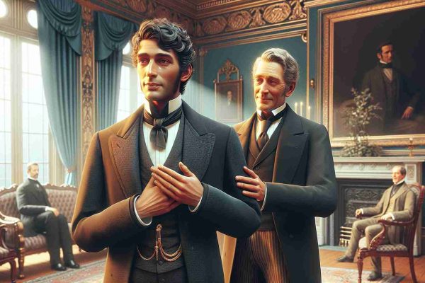 An ultra high-definition, realistic image illustration of a nuanced scene capturing a warm farewell between two characters. One character is a well-dressed gentleman, with a formal suit and hat, standing up straight with a dignified demeanor. His face carries the expression of humble acceptance and gratitude. The other character is also a well-dressed, displaying an expression of respectful parting. The setting is in a splendidly decorated 19th-century drawing room.