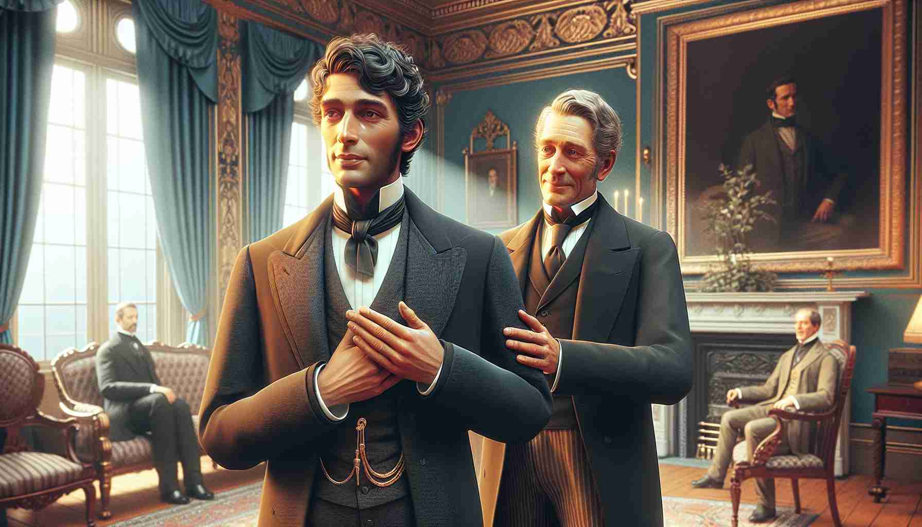 An ultra high-definition, realistic image illustration of a nuanced scene capturing a warm farewell between two characters. One character is a well-dressed gentleman, with a formal suit and hat, standing up straight with a dignified demeanor. His face carries the expression of humble acceptance and gratitude. The other character is also a well-dressed, displaying an expression of respectful parting. The setting is in a splendidly decorated 19th-century drawing room.