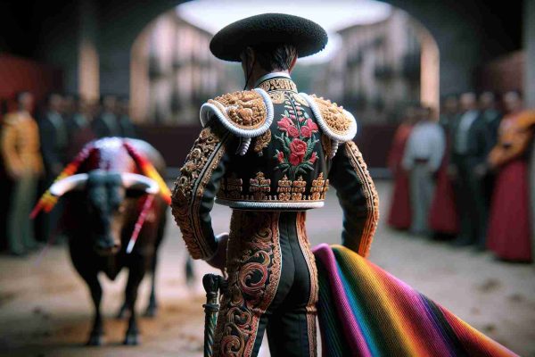 Detailed HD image showcasing a realistic visual ode to a legendary bullfighter, also known as a Toreador. The scene should carry an atmosphere of respect and nostalgia, with a focus on the bullfighter's iconic attire, complete with a black montera (traditional hat), a heavily embroidered chaquetilla (jacket), and brightly colored taleguilla (tight pants). This homage to the Toreador does not depict a specific person, but a symbol of the profession.