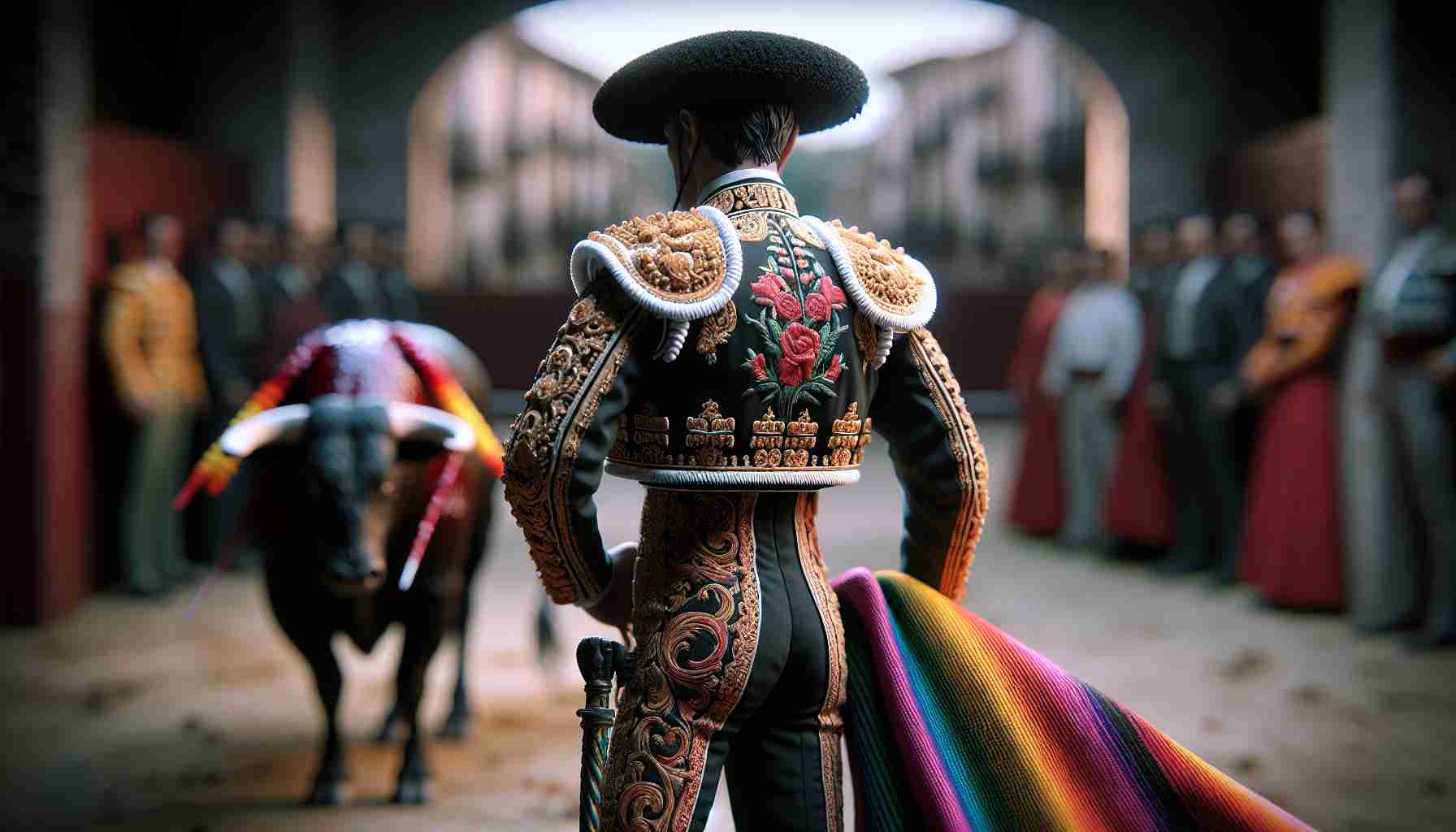 Detailed HD image showcasing a realistic visual ode to a legendary bullfighter, also known as a Toreador. The scene should carry an atmosphere of respect and nostalgia, with a focus on the bullfighter's iconic attire, complete with a black montera (traditional hat), a heavily embroidered chaquetilla (jacket), and brightly colored taleguilla (tight pants). This homage to the Toreador does not depict a specific person, but a symbol of the profession.