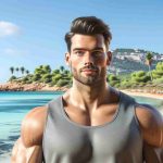 Realistic HD photo of a physically fit Caucasian male resembling a popular actor, showcasing his fitness journey on a coastal landscape in Ibiza, with clear blue skies and lush green palm trees as the backdrop