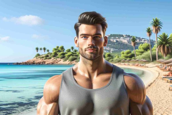 Realistic HD photo of a physically fit Caucasian male resembling a popular actor, showcasing his fitness journey on a coastal landscape in Ibiza, with clear blue skies and lush green palm trees as the backdrop