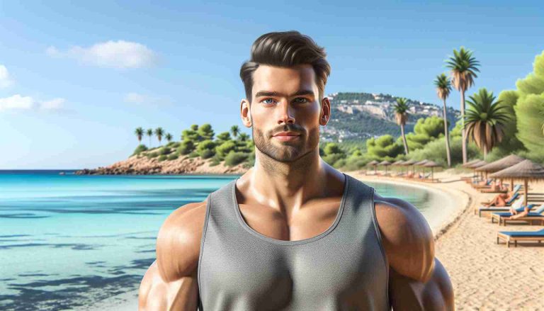 Realistic HD photo of a physically fit Caucasian male resembling a popular actor, showcasing his fitness journey on a coastal landscape in Ibiza, with clear blue skies and lush green palm trees as the backdrop