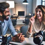 Generate a high-definition, realistic image displaying a South Asian male and a Caucasian female, who are colleagues in the media industry, engaged in an entertaining and lively conversation. They are in a modern, well-lit office with various industry-related items, such as a camera, microphones, and monitors, hinting at their profession. The expressions on their faces should reflect enjoyment and camaraderie, capturing the essence of their friendly professional relationship.