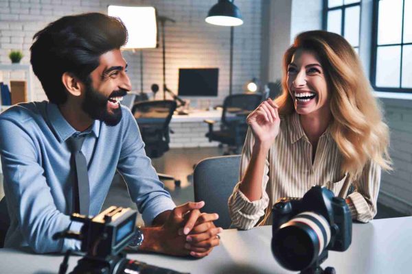 Generate a high-definition, realistic image displaying a South Asian male and a Caucasian female, who are colleagues in the media industry, engaged in an entertaining and lively conversation. They are in a modern, well-lit office with various industry-related items, such as a camera, microphones, and monitors, hinting at their profession. The expressions on their faces should reflect enjoyment and camaraderie, capturing the essence of their friendly professional relationship.