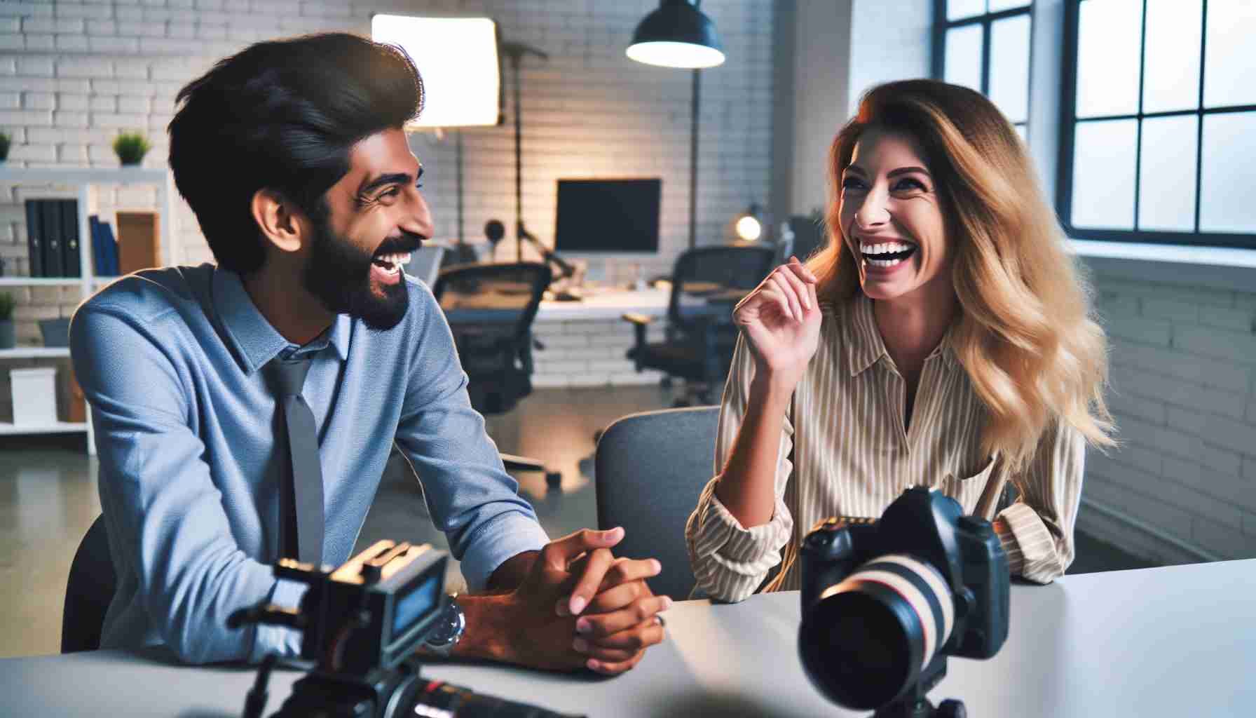 Generate a high-definition, realistic image displaying a South Asian male and a Caucasian female, who are colleagues in the media industry, engaged in an entertaining and lively conversation. They are in a modern, well-lit office with various industry-related items, such as a camera, microphones, and monitors, hinting at their profession. The expressions on their faces should reflect enjoyment and camaraderie, capturing the essence of their friendly professional relationship.