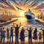 A high-definition illustration that depicts a memorable farewell scene. The setting sun casts its warm light upon a group of people standing at a harbor, waving goodbye towards a ship departing towards the horizon. Emotions are high as some individuals try to contain tears, while others show brave smiles. A richly detailed backdrop of the city skyline with seagulls gliding above accents the sentiment of the scene.