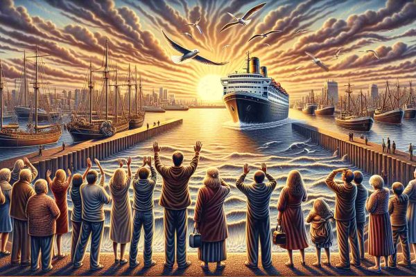 A high-definition illustration that depicts a memorable farewell scene. The setting sun casts its warm light upon a group of people standing at a harbor, waving goodbye towards a ship departing towards the horizon. Emotions are high as some individuals try to contain tears, while others show brave smiles. A richly detailed backdrop of the city skyline with seagulls gliding above accents the sentiment of the scene.