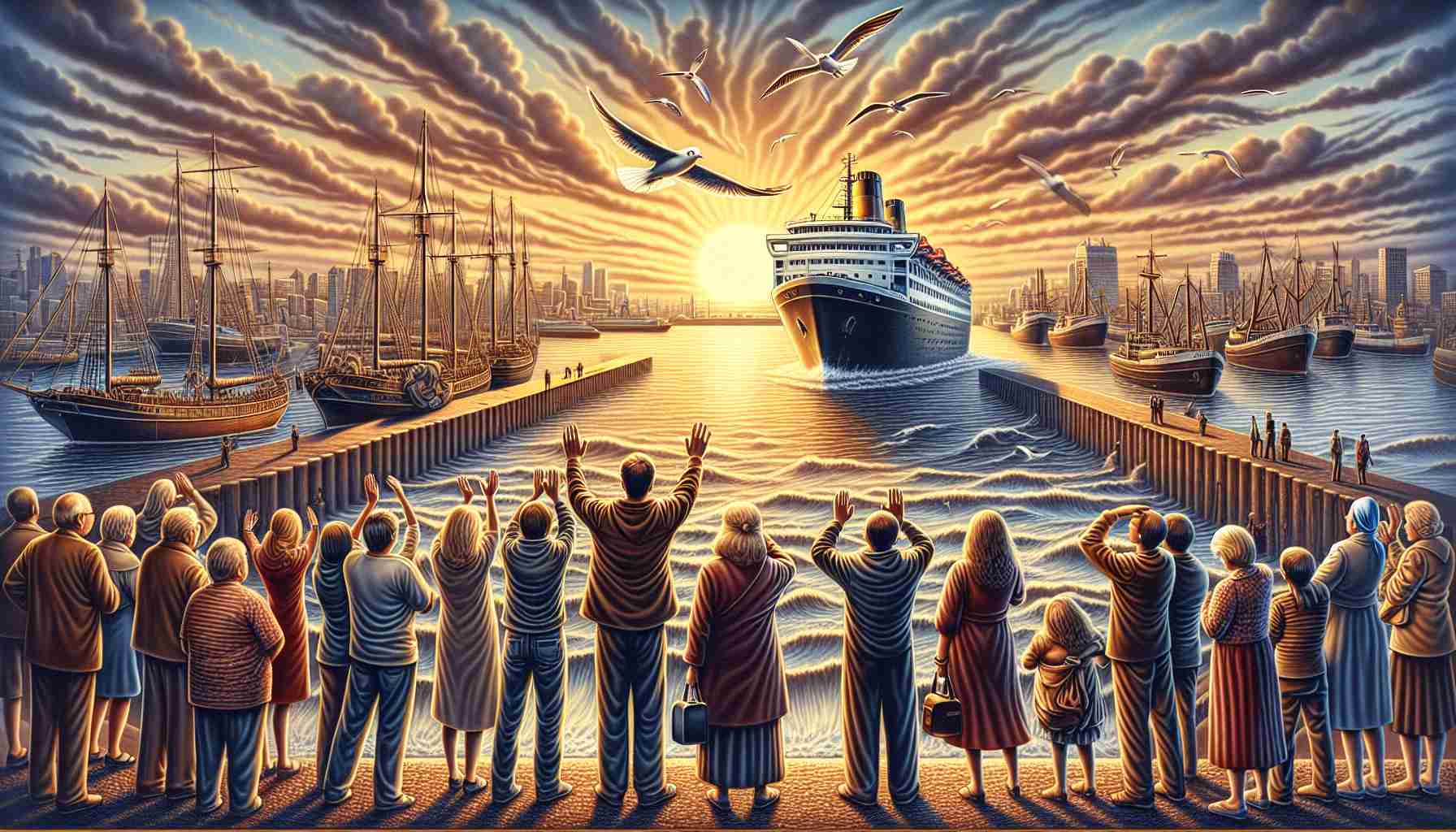 A high-definition illustration that depicts a memorable farewell scene. The setting sun casts its warm light upon a group of people standing at a harbor, waving goodbye towards a ship departing towards the horizon. Emotions are high as some individuals try to contain tears, while others show brave smiles. A richly detailed backdrop of the city skyline with seagulls gliding above accents the sentiment of the scene.