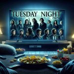 An ultra-high definition, realistic image that represents the excitement of Tuesday night television shows. The picture features a flat screen television playing the most suspenseful scenes from several different shows. The room is a cozy living room in the evening, softly illuminated by the glow of the TV. There are various snacks scattered around conveying the atmosphere of a movie night in.